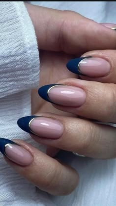 Lowkey Nail Designs, Bridesmaid Nails Navy Blue, French Tips Two Colors, Hoco Nail Ideas Blue Dress, Navy Blue Accent Nails, Midnight Nails Design, Midnight Blue Nail Ideas, Simple Classy Nail Ideas, Navy And Gold Almond Nails