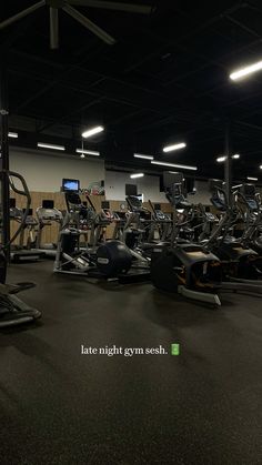 an empty gym room with treadmills and exercise machines in the background that says late night gym sesh