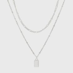 Silver Rectangular Pendant Clavicle Chain Necklace, Silver Chain Necklace With Rectangular Pendant, Everyday Silver Double Strand Chain Necklace, Silver Double Strand Chain Necklace For Everyday, Silver Minimalist Layered Necklace With Double Chain, Silver Charm Necklaces With Clavicle Chain, Silver Layered Chain Necklace For Everyday, Silver Everyday Layered Necklace, Silver Layered Necklace For Everyday