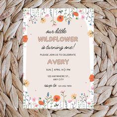 the wildflower is turning one birthday party card