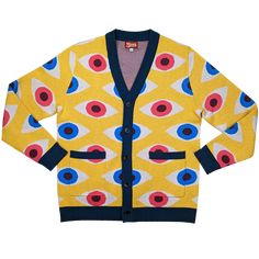 The Bauhaus Eyeball Cardigan – Sleepy Peach Red And Blue Eyes, Yellow Backdrop, Unique Cardigan, Bauhaus Movement, The Bauhaus, Eye Pattern, Yellow Cardigan, Cardigan Sweater Jacket, Cotton Cardigan