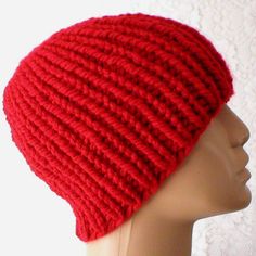 Unisex scarlet red ribbed beanie hat or skull cap knit in a bulky weight wool blend yarn. The resting measurement of the hat is approximately 16 inches and will stretch up to approximately 26 inches, measure your head size accordingly for ease and comfort. The length of the hat is approximately 8 1/2 inches. You can easily flip up the brim for a shorter length mariner's cap which would sit above your ears about 6 - 7 inches in length depending on the brim depth. Yarn content of the hat is 80% ac Snowboarding Fashion, Bulky Knit Hat, Bulky Knit, Knit Hat For Men, Red Beanie, Chemo Caps, Red Skull, Skull Cap Beanie, Men's Knit