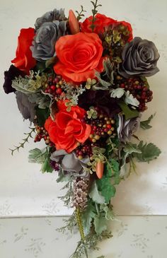 Artificial flowers Shower Bridal Bouquet. Burnt Orange, grey and plum roses, grey foliage and berries Autumn Bridal Bouquet, Silk Flower Bridal Bouquet, Autumn Bridal, Shower Style, Bridal Bouquet Fall