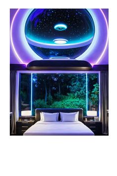 a large bed sitting under a window next to a night sky filled with stars and planets