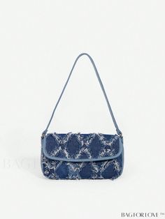 BagForLove - Flap Square Bag with Sophisticated Floral Design Trendy Blue Shoulder Baguette Bag, Trendy Blue Baguette Shoulder Bag, Blue Rectangular Baguette Bag For Shopping, Trendy Blue Satchel Baguette Bag, Blue Rectangular Baguette Bag With Large Capacity, Chic Blue Handheld Baguette Bag, Blue Satchel Baguette Bag With Detachable Strap, Blue Baguette Satchel Bag With Detachable Strap, Chic Blue Crossbody Baguette Bag