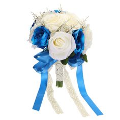 a bridal bouquet with white roses and blue ribbons on a white background for a wedding