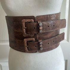 Early 2000s Double Buckle Western Wode Corset Waist Belt Purchased At Nordstrom - Never Worn Approx 5 3/8” Wide Genuine Leather Front Stretch Elastic Back Strap Keepers Are Embellished With Beaded Stones Very Good Vintage Condition Leather “Snake” Scales Are Lifting In Some Spots Light Mark On The Elastic Back And Interior Strap Waist Measures Are Approximate While Laid Flat Below: Flat Measurement While Adjusted To 1st Smallest Billet Hole: 13.5” Flat Measurement While Adjusted To The 5th Large Double Belt, Statement Belts, Corset Waist Belt, Hippie Goth, Punk Vintage, Snake Leather, Wide Leather Belt, Corset Belt, Back Strap