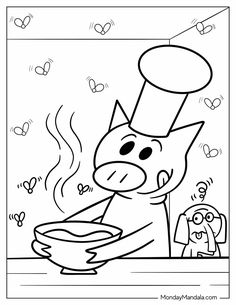 the pig is cooking food in his kitchen coloring page