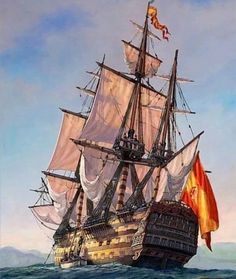 an oil painting of a pirate ship in the ocean with a flag on it's mast