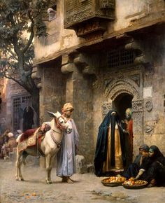 a painting of people and animals in an old city street, with one man sitting on the ground