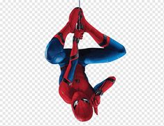 the amazing spider - man is hanging upside down on his hands and legs, while holding onto