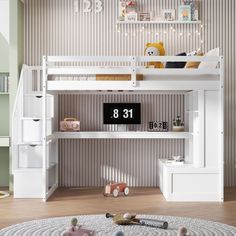 a white bunk bed sitting in a bedroom next to a wall mounted clock with the number thirteen on it