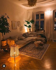 a living room filled with furniture next to a window covered in curtains and light bulbs