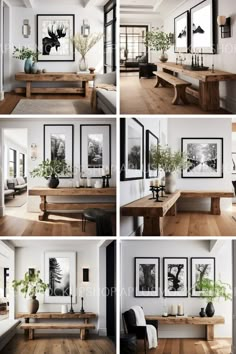 four different pictures of a living room with wood floors and white walls, all displaying black and white photographs