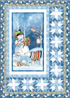 a snowman is standing next to an elephant and bird on a blue quilted wall hanging