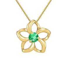 14K Yellow Gold Floating Plumeria Pendant with a 3mm Emerald. 17" 14K Yellow Gold Chain included. The Plumeria flower measures approximately 1/2" in width. Yellow Gold Chain, Gold Chain, Gold Chains, Floating, Emerald, Yellow Gold, Chain, Pendant, Yellow