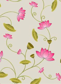 a pink flower with green leaves and swirls on a beige background that is seamless