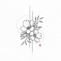 a black and white drawing of flowers with the letter e on it's side