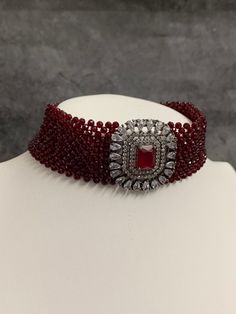 American diamond choker set. Victorian black polish with crystal beads. Pendent is about one hand half inch wide. Matching earring is about 1 inch long. Diamond Choker Set, Beads Choker, Jewelry Set Design, Diamond Choker, Red Beads, Choker Set, Black Polish, American Diamond, Red Bead