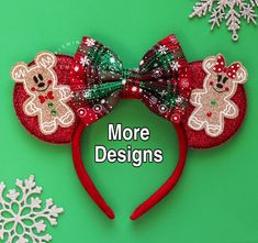 a red minnie mouse ears with teddy bears on it and the words more designs above it