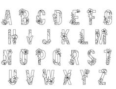 the alphabet is decorated with flowers and leaves for each letter, which are outlined in black ink