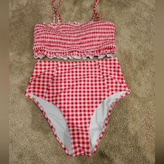 Never Worn Red Lined Swimwear For Summer, Trendy Red Swimwear For Summer, Red Lined Swimwear For Vacation, Red Lined Swimwear For Beach Season, Lined Red Swimwear For Beach Season, Casual Red Swimwear For Spring, Red Lined Swimwear For Spring, Lined Red Swimwear For Spring, Navy Blue Bikinis