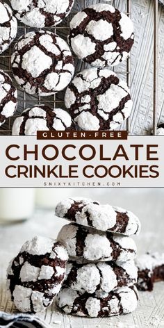 chocolate crinkle cookies stacked on top of each other with powdered sugar in the middle