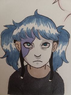 a drawing of a person with blue hair and an evil look on their face, staring at the camera