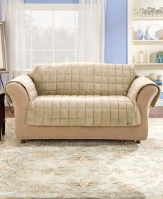 The SureFit Deluxe Loveseat Cover with arms is perfect for family rooms and casual decorative styles. This luxuriously plush quilted velvet Deluxe Furniture Cover is a stylish solution that protects your furniture from pet hair, stains and wear. Filled with high-loft polyester batting for ultimate comfort, it features soft stay-put microfiber fabric backing and an extra-long 50-inch backdrop to prevent slippage. This is a great option for pet owners; keep your furniture protected from the dirt a Sure Fit Slipcovers, Comfort Sofa, Custom Couches, Loveseat Covers, Loveseat Slipcovers, Pet Sofa, Furniture Slipcovers, Furniture Protectors, Couch Covers