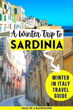 the cover of a winter trip to sardina, with an arrow pointing up at it