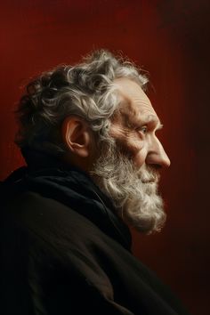 an old man with grey hair and beard wearing a black coat looking off to the side