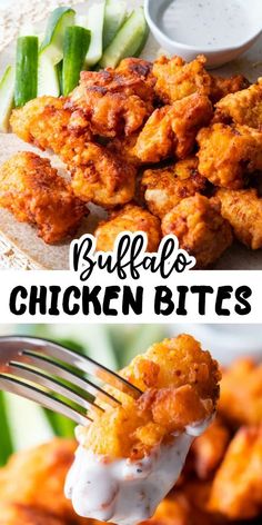 buffalo chicken bites on a fork with ranch dressing and cucumbers in the background