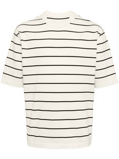 off-white cotton blend horizontal stripe pattern round neck short sleeves straight hem Classic Summer Tops With Signature Stripes, Classic Short Sleeve Tops With Horizontal Stripes, White Tops With Vertical Stripes And Short Sleeves, Short Sleeve Tops With Signature Stripes For Spring, Spring Short Sleeve Tops With Signature Stripes, Classic Crew Neck Tops With Horizontal Stripes, Modern Striped Tops With Relaxed Fit, White Short Sleeve Tops With Vertical Stripes, White Short Sleeve Tops With Signature Stripes