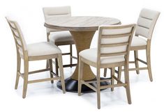 a dining table with four chairs around it and a round wooden table surrounded by white upholstered chairs