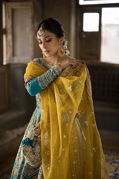 Traditional Pishwas Dupatta Pakistani Bridal Dress is a breathtaking attire adorned with Sequins, Beads, Dabka, and Naqshi. Custom sizes. Fast shipping. Mehndi Outfit Bridal, Ethereal Fabric, Pakistani Mehndi Dress, Yellow Dupatta, Haldi Dress, Bridal Mehndi Dresses, Pakistani Bridal Dress, Asian Clothing, Haldi Outfits