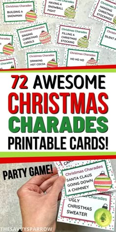 christmas themed printable cards with text that reads, 25 awesome christmas charadess party game