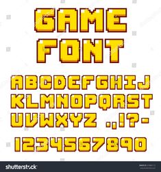 an old school pixel style game font and numerals set in yellow, red or blue