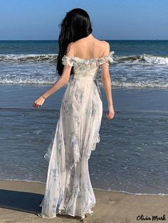 Olivia Mark - Seaside Vacation Beach Sun Dress with Ruffled Hem, Off-Shoulder Long Dress Summer Vintage Dress, Ethereal Fashion Aesthetic, Casual Princess Outfits, Flowy Princess Dress, Long Dress Aesthetic, Fairytale Dress Aesthetic, Flowy Dress Aesthetic, Fairy Party Dress, Nature Dresses