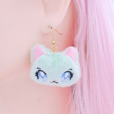 "Now you can have your very wear my super cute kawaii plushes and take with you on all of your adventures!  My kawaii plush cat earrings have been embroidered on the softest minky fabric and are filled with polyester filling.  This listing is for a pastel mint kawaii plushie cat cool anime earrings other colors available in my shop. Perfect for all styles! :)  Use these accessories for an instant update on just about any harajuku clothing style! ♥ Earring Hooks Gold Colored Stainless Steel Wire Cute Handmade Cat Ears Jewelry, Kawaii Dangle Earrings With Ear Wire, Cute Cat Ears Jewelry For Pierced Ears, Cute Hypoallergenic Cat Ears Jewelry, Kawaii Dangle Earrings, Handmade Green Kawaii Earrings, Kawaii Cat Ears Jewelry For Gift, Cheap Kawaii Earrings For Women, Handmade Kawaii Dangle Earrings