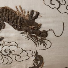 A Japanese silk dragon embroidery in high relief, late 19th century.  23 ½ by 20 inches Dragon Fabric, Dragon Embroidery, Sewing Tricks, Japanese Dragon, Japanese Silk, Character Reference, High Relief, Silver Hair, 19th Century