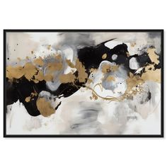 an abstract painting with black, gold and white paint on the bottom half of it