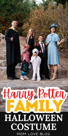 Photo of family wearing Halloween costumes with text that reads "Harry Potter family Halloween costume"