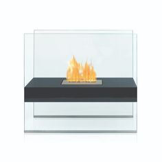 a modern fireplace with flames in the middle and black mantle on either side, against a white background