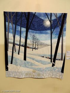 a quilt hanging on the wall with trees and snow