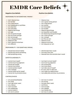 EMDR Core beliefs list: generic/common positive and negative core beliefs to guide the EMDR healing journey. Emdr Therapy, Core Beliefs, Therapy Worksheets, Therapy Tools, Mental And Emotional Health, Therapy Activities