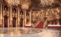 an ornately decorated ballroom with chandeliers and red carpeted stairs leading up to the second floor