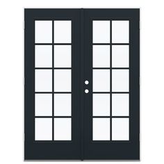 a black double door with glass panels