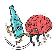 a cartoon brain running with a bottle of beer in his hand - people characters illustrations