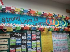 a bulletin board that says strong links to learning with colorful paper streamers on it