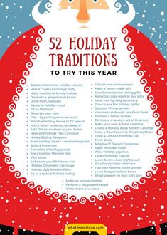 a poster with santa clause on it and the words 52 holiday traditions to try this year